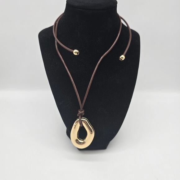 Atterri Jewelry - Atterri Brown Leather Cord Necklace and Gold Tone Pendant Adjustable Minimalist